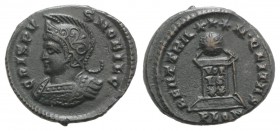 Crispus (Caesar, 316-326). Æ Follis (19mm, 3.30g, 6h). Londinium, 323-4. Helmeted and cuirassed bust l. R/ Globe set on altar inscribed VOT / IS / XX;...