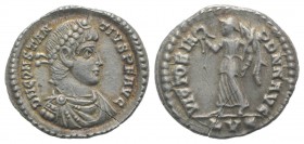 Constantius II (337-361). AR Siliqua (18mm, 1.93g, 12h). Lugdunum, 360-1. Pearl-diademed, draped and cuirassed bust r. R/ Victory advancing l., holdin...