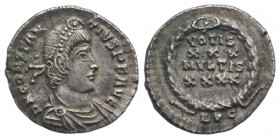 Constantius II (337-361). AR Siliqua (17mm, 1.96g, 6h). Lugdunum, 360-1. Pearl-diademed, draped and cuirassed bust r. R/ VOTIS/ XXX/ MVLTIS/ XXXX in f...