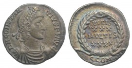 Constantius II (337-361). AR Siliqua (17mm, 1.95g, 11h). Arelate, 353-5. Pearl-diademed, draped and cuirassed bust r. R/ VOTIS/XXX/MVLTIS/XXXX in four...
