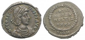 Constantius II (337-361). AR Siliqua (18.5mm, 1.96g, 6h). Sirmium, 351-5. Pearl-diademed, draped and cuirassed bust r. R/ VOTIS/XXX/MVLTIS/XXXX in fou...