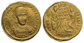 Constantius II (337-361). AV Solidus (20.5mm, 4.43g, 6h). Antioch, 355-361. Diademed, helmeted and cuirassed bust facing slightly r., holding spear an...