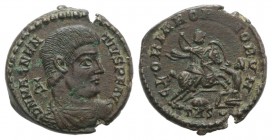Magnentius (350-353). Æ Centenionalis (23mm, 6.48g, 6h). Treveri, AD 350. Bareheaded, draped and cuirassed bust r.; A behind. R/ Magnentius on horseba...