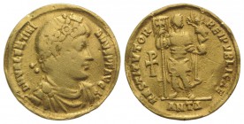 Valentinian I (364-375). AV Solidus (20mm, 4.01g, 6h). Antioch, AD 364. Rosette-diademed, draped and cuirassed bust r. R/ Valentinian standing facing,...