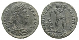 Valens (364-378). Æ (17mm, 2.16g, 6h). Siscia, 364-7. Pearl-diademed, draped and cuirassed bust r. R/ Emperor advancing r., dragging captive; •BSISC. ...