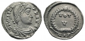 Valens (364-378). AR Siliqua (17mm, 1.74g, 12h). Constantinople, 364-7. Pearl-diademed, draped and cuirassed bust r. R/ VOT/V in two lines within laur...