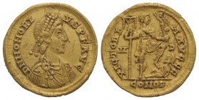 Honorius (393-423). AV Solidus (21mm, 4.49g, 6h). Mediolanum, 395-423. Pearl-diademed, draped and cuirassed bust r. R/ Honorius standing r., holding v...