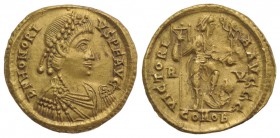 Honorius (393-423). AV Solidus (21mm, 4.36g, 6h). Ravenna, 402-6. Pearl-diademed, draped and cuirassed bust r. R/ Honorius standing r., spurning capti...
