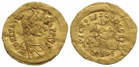 Anastasius I (491-518). AV Semissis (18mm, 2.19g, 6h). Constantinople, 507-518. Diademed, draped and cuirassed bust r. R/ Victory seated r., inscribin...