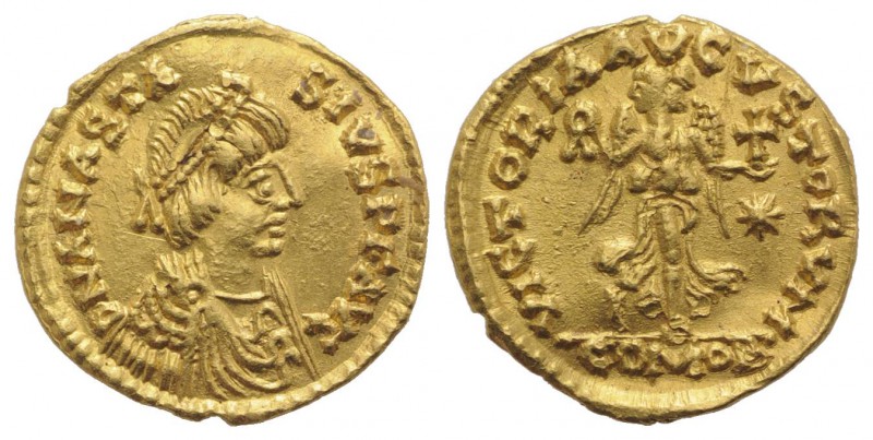 Anastasius I (491-518). AV Tremissis (13mm, 1.51g, 6h). Constantinople, 492-518....