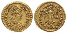 Anastasius I (491-518). AV Tremissis (13mm, 1.49g, 6h). Constantinople, 492-518. Diademed, draped and cuirassed bust r. R/ Victory advancing r., head ...