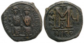 Justin II and Sophia (565-578). Æ 40 Nummi (29mm, 14.35g, 12h). Nicomedia, year 5 (569/70). Justin and Sophia seated facing on double throne, holding ...