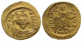 Phocas (602-610). AV Solidus (21mm, 4.34g, 6h) Constantinople, 607-609. Crowned, draped and cuirassed facing bust, holding cross. R/ Angel standing fa...