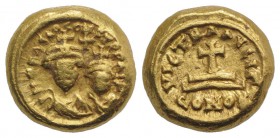 Heraclius and Heraclius Constantine (610-641). AV Solidus (11mm, 4.45g, 6h). Carthage, year 3 (614/5). Crowned, draped and cuirassed busts of Heracliu...