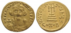 Constans II (641-668). AV Solidus (19mm, 4.34g, 6h). Constantinople, 651/2-654. Crowned bust facing, wearing chlamys and holding globus cruciger. R/ C...