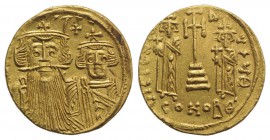 Constans II and Constantine IV (641-668). AV Solidus (19mm, 4.46g, 6h). Constantinople, 654-659. Crowned and draped facing busts of Constans and Const...