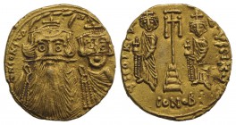 Constans II (641-668). AV Solidus (19mm, 4.35g, 6h). Syracuse, c. 661-668. Crowned and draped facing busts of Constans, with tall plume, and Constanti...