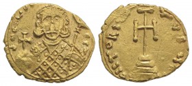 Philippicus Bardanes (711-713). AV Solidus (19mm, 4.02g, 6h). Syracuse, 711-3. Crowned bust facing, wearing loros, holding globe cruciger and sceptre ...