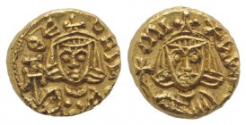 Michael II and Theophilus (820-829). AV Tremissis (8mm, 1.30g, 6h). Syracuse, 821-9. Crowned facing bust of Michael, wearing chlamys, holding globus c...