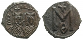Michael II and Theophilus (820-829). Æ 40 Nummi (21mm, 5.15g, 6h). Syracuse, 821-9. Crowned facing busts of Michael and Theophilus. R/ Large M; cross ...