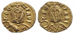 Theophilus (829-842). AV Semissis (12mm, 1.76g, 6h). Syracuse, 831-842. Crowned facing bust of Theophilus, wearing chlamys, holding globus cruciger. R...