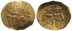Empire of Nicaea, John III (1222-1254). AV Hyperpyron (27mm, 4.34g, 6h). Magnesia, c. 1232-1254. Christ Pantokrator enthroned facing; pellets at ends ...