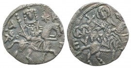Alexius III (Emperor of Trebizond, 1349-1390). AR Asper (21mm, 2.72g, 6h). St. Eugenius, holding cruciform sceptre, on horseback r. R/ Alexius, holdin...