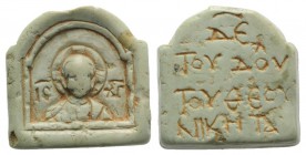 Byzantine Steatite Plaque, c. 10th-13th century (12mm, 1.70g). IC - XC, Christ within arched border; ΔΕ ΤΟΥ ΔΟΥ ΤΟΥ ΘΕΟΥ ΝΙΚΗΤΑ (before the God of Vic...