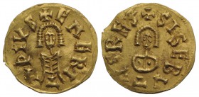 Visigoths, Spain, Sisebut (612-621). AV Tremissis (18mm, 1.50g, 6h). Emerita (Mérida). Facing bust. R/ Facing bust. CNV 258.8; Miles, Visigoths 192a; ...