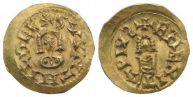 Visigoths, Spain, Swinthila (621-631). AV Tremissis (18mm, 1.46g, 6h). Emerita (Mérida). Bust facing. R/ Bust facing. Miles, Visigoths, 235a; MEC 1, 2...