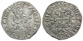 Italy, Napoli. Roberto I d'Angiò (1309-1343). AR Gigliato (29mm, 3.97g, 1h). King seated facing on lion throne, holding sceptre and globus cruciger. R...