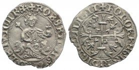 Italy, Napoli. Roberto I d'Angiò (1309-1343). AR Gigliato (29mm, 4.05g, 9h). King seated facing on lion throne, holding sceptre and globus cruciger. R...