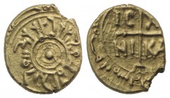Italy, Sicily, Messina or Palermo. Tancredi (1190-1194). AV Tarì (11mm, 1.52g). Pellet in double circle. R/ IC XC NI KA, Cross. Spahr 125; MIR 43 and ...