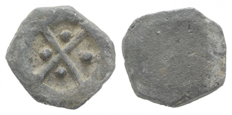 South Italy, c. 12th-13th century. PB Tessera (7mm, 0.44g). Cross with four pell...