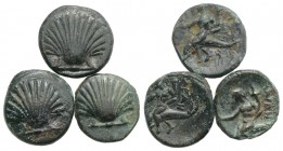 Southern Apulia, Tarentum, lot of 3 Æ coins (Shell / Phalantos on dolphin). Lot sold as is, no return