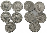 Lot of 5 Roman AR Antoninianii, including Gordian III (2) and Trajan Decius (3). Lot sold as is, no return