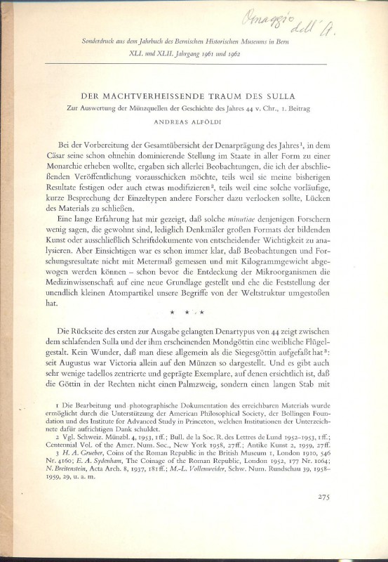 ALFOLDI A. - Der machtverheissende traum des Sulla. Berna, 1962. pp. 275-288, ta...