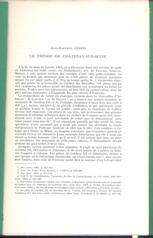 GIARD J.B. - Le tresor de Chatenay - Sur - Seine. Paris. s.d. pp. 6, con illustr...