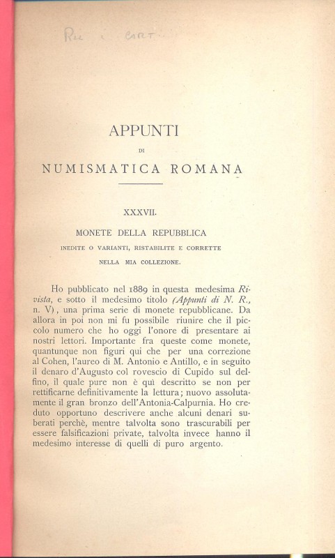 GNECCHI F. - Appunti di numismatica romana XXXVII. Monete della Repubblica, ined...