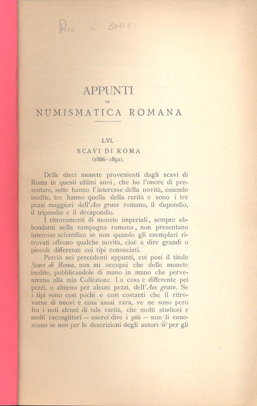 GNECCHI F. - Appunti di numismatica romana LVI ( scavi di Roma 1886-1891). Milan...