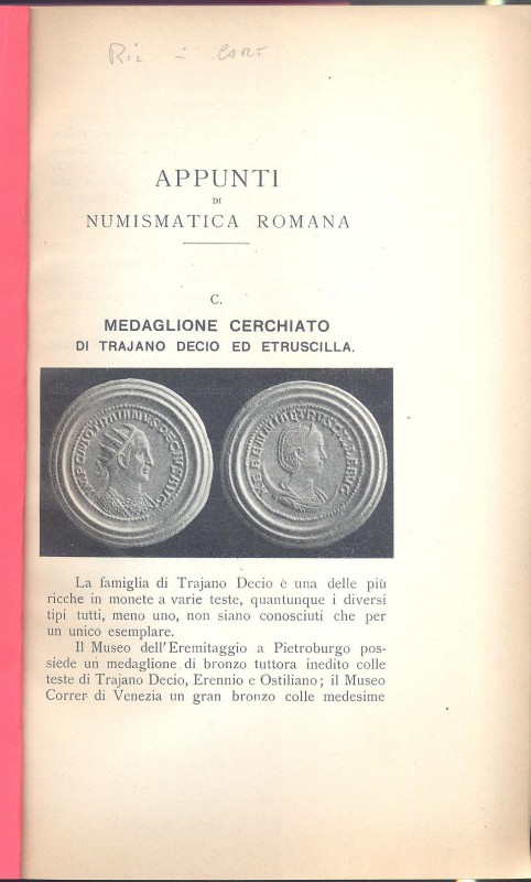 GNECCHI F. - Appunti di numismatica romana C.- CI. Medaglione cerchiato di Traia...