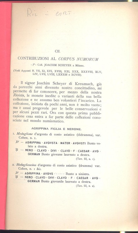 GNECCHI F. - Appunti di numismatica romana. CII. Contribuzioni al Corpus nummoru...