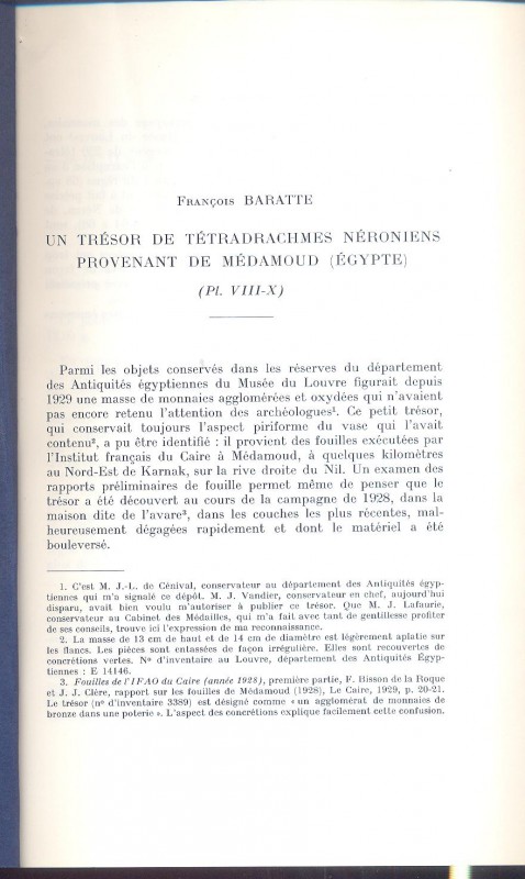 BARATTE F. - Un tresor de tetradrachemes neroniens provenant de Medamoud ( Egypt...