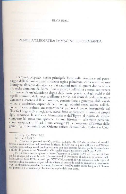 BUSSI S. - Zenobia \ Cleopatra: immagine e propaganda. Milano s.d. pp. 261-268. ...