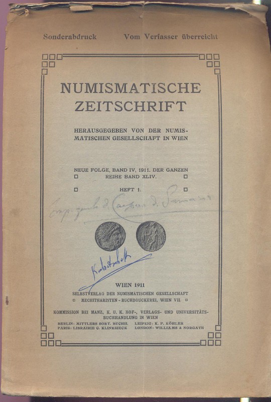 KUBITSCHEK W. - Zu munzen von Caesarea in Samaria. Wien, 1911. pp. 13-20. brossu...