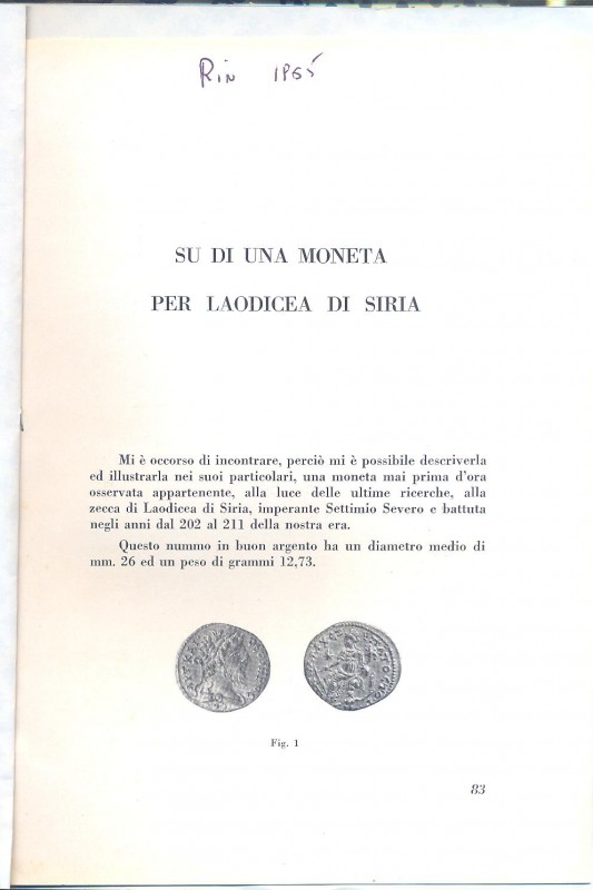 MISSERE G. - Su di una moneta per Laodicea di Siria. Milano, 1965. pp. 83-87, co...
