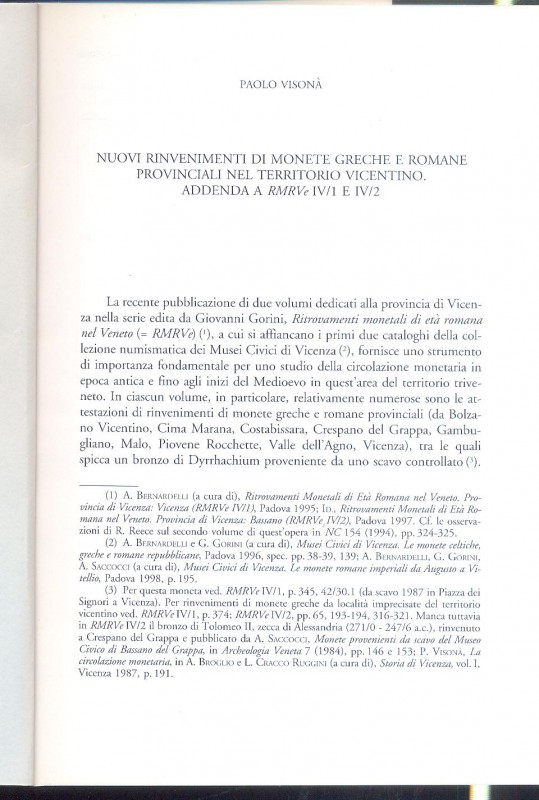 VISONA P. - Nuovi ritrovamenti di monete greche e romane provinciali nel territo...