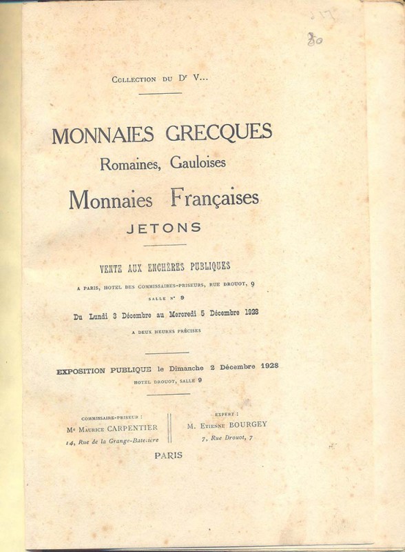 BOURGEY ETIENNE – Paris 3/5-December. 1928. Collection du Dr. V... Monnaies grec...