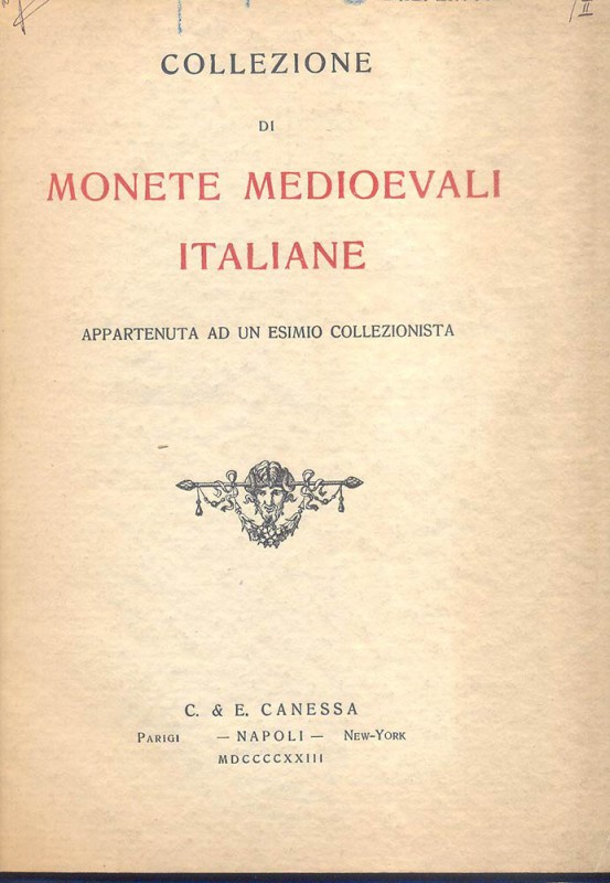CANESSA C. &E. – Napoli, 9- Luglio.-1923. Collezione di monete medioevali appart...