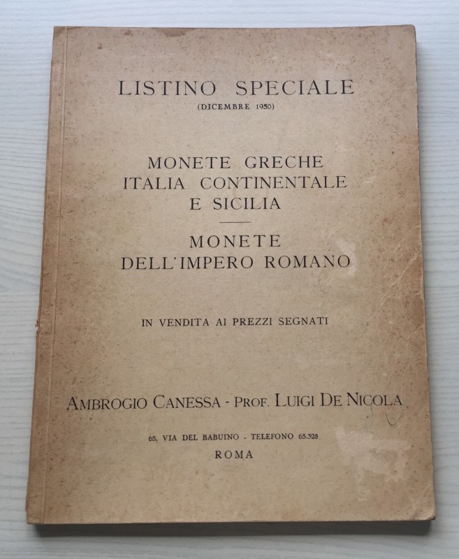 Canessa A. De Nicola L. Listino Speciale. Monete Greche, Italia Continentale e S...